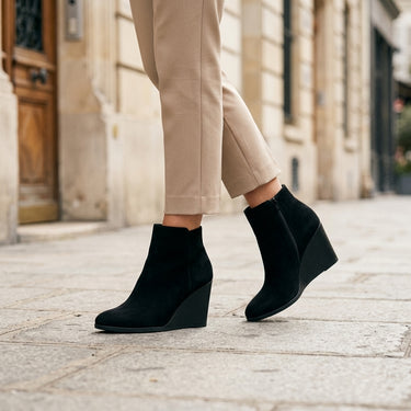 Bottines Héloïse noires portées avec un pantalon beige