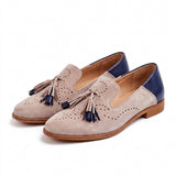 Victoire mocassin femme à glands rose et bleu marine, paire vue de trois-quarts