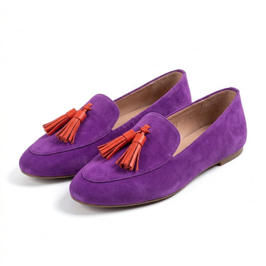 Solène mocassin femme en daim synthétique à glands violet, paire vue de trois-quarts