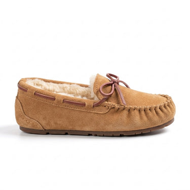 Clémence mocassin femme fourré en daim camel, vue de profil