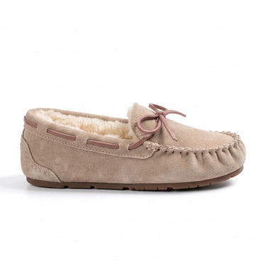 Clémence mocassin femme fourré en daim beige, vue de profil
