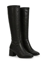 Ophélie botte haute femme lisse bout carré noir, paire vue de trois-quarts