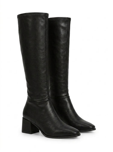 Ophélie botte haute femme lisse bout carré noir, paire vue de trois-quarts