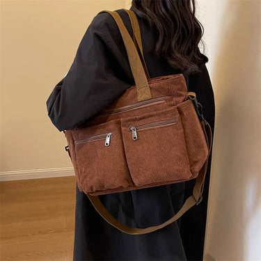 DAWRIS Grand Sac à Main En Velours Côtelé Beige - Tote Bag Femme Bandoulière Capacité XXL