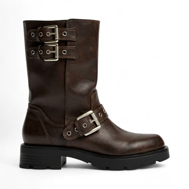 Urys - Bottes Cavalières Basses Motardes Femme Marron Boucles Métalliques