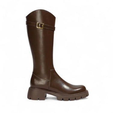 Halyn - Bottes Cavalières Femme Talon Épais avec Boucle Dorée