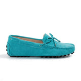 Maëlys mocassin souple femme en daim à nœud turquoise, vue de profil